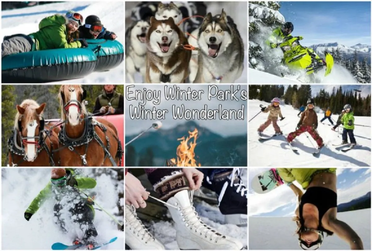 A vibrant winter scene filled with a variety of activities: people are tubing down snowy slopes, huskies are ready for dog sledding, a snowmobile is revving up for adventure, and a horse-drawn sleigh glides through the snow. Nearby, families gather around a campfire and children play, with skiers and snowboarders in the background, all set against a beautiful snowy landscape.