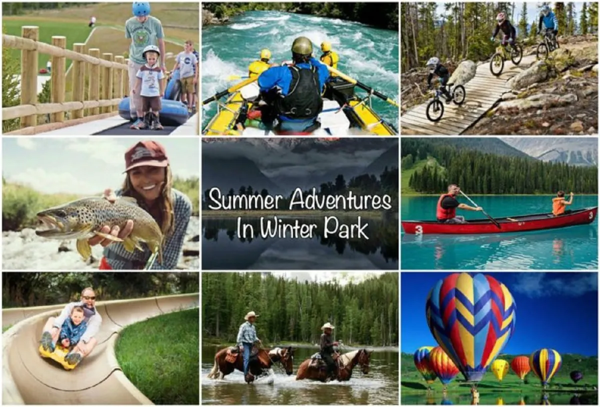 An energetic outdoor summer scene featuring families kayaking on a river, biking along a scenic path, fishing by the water, sliding, horseback riding, and even a hot air balloon floating above. The setting is lush and green, radiating warmth and the spirit of exploration.