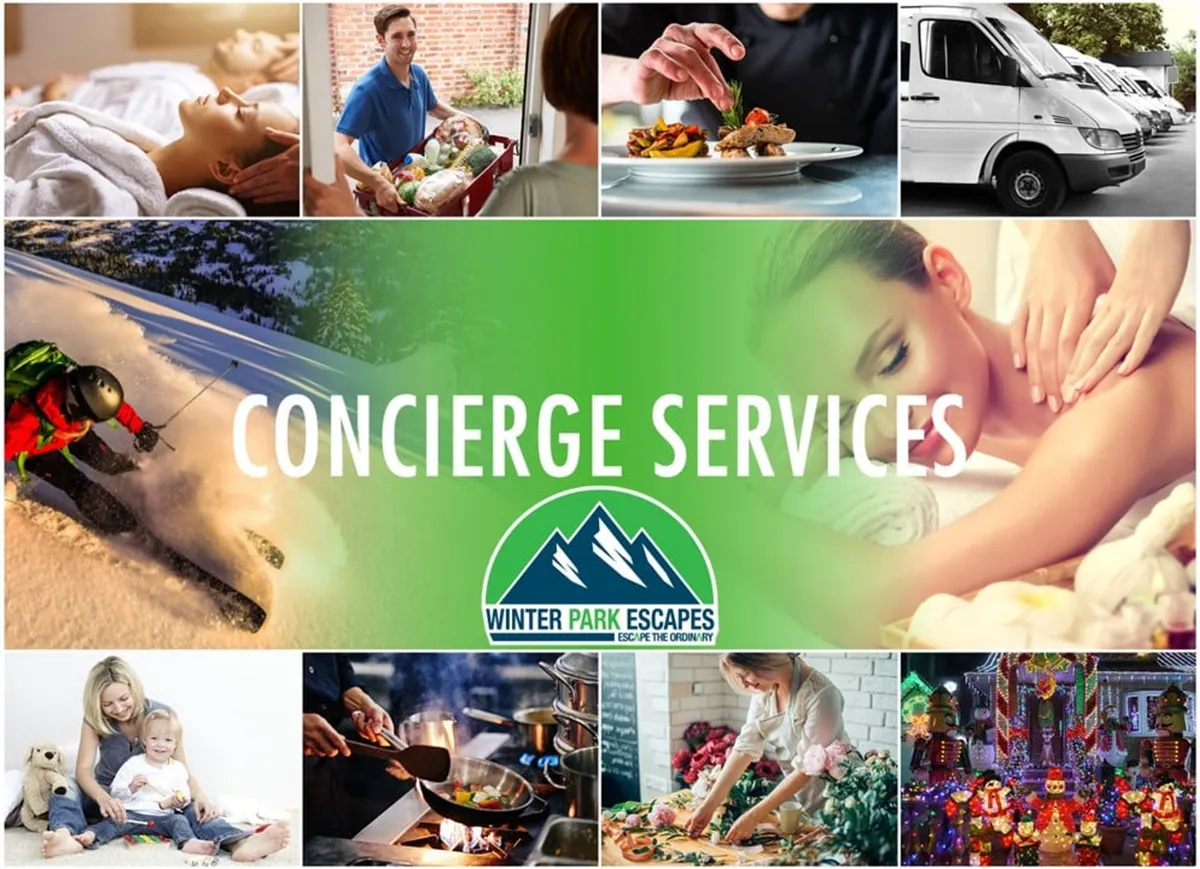 This interior lifestyle image features a collage of concierge services and exclusive activities available to guests, including skiing, spa treatments, family gatherings, cooking experiences, and more. The mood is festive and inviting, emphasizing personalized, high-end experiences.